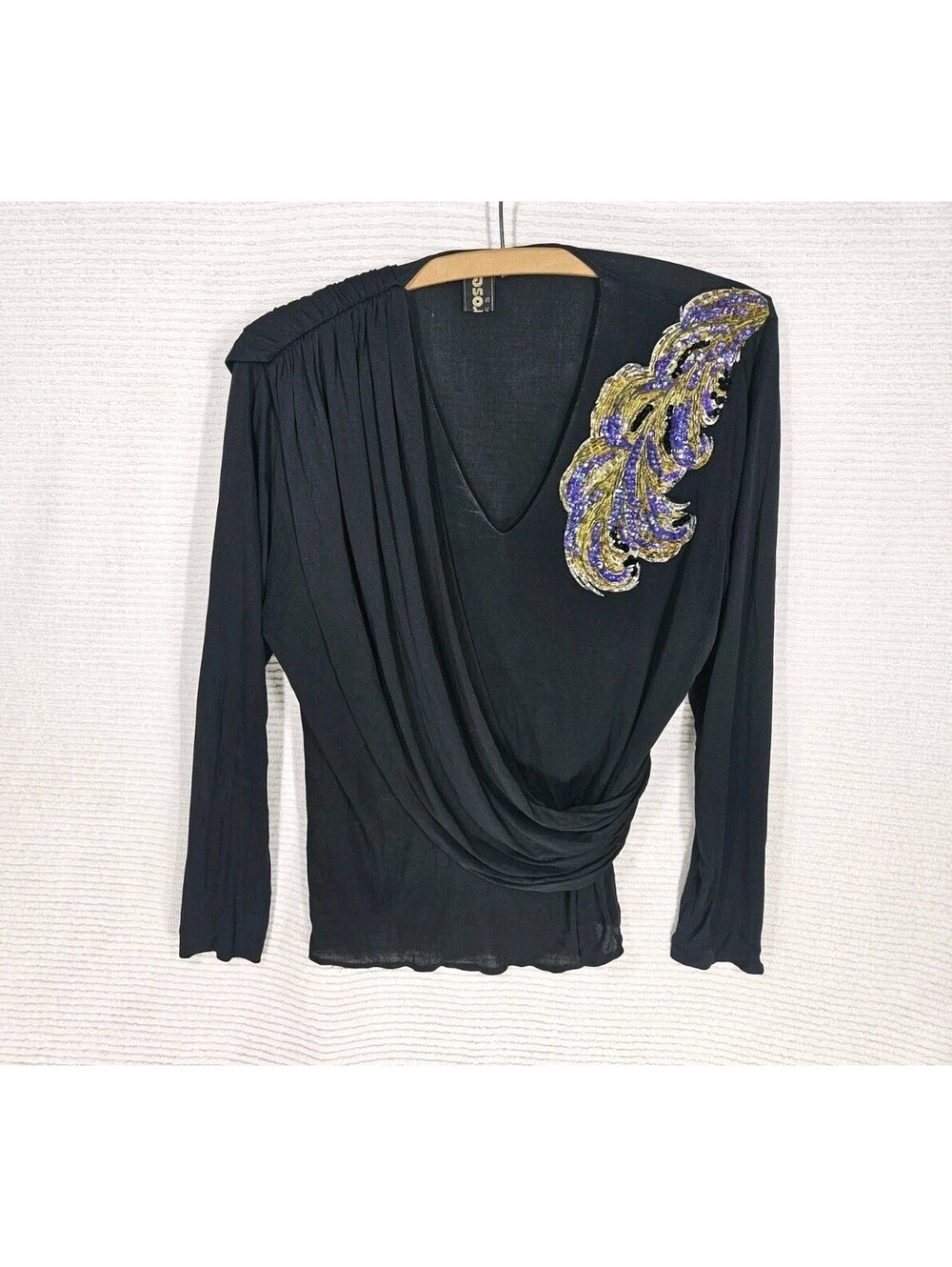 Vintage 1970s Crepe Shirt Melrose Paris M L Feather Beaded Liquid Crepe Retro